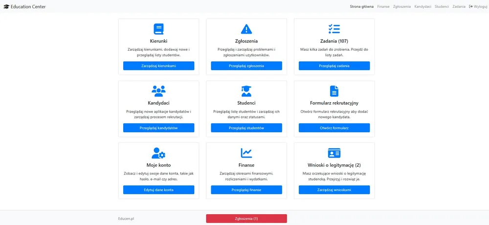 Zrzut ekranu panelu Educen