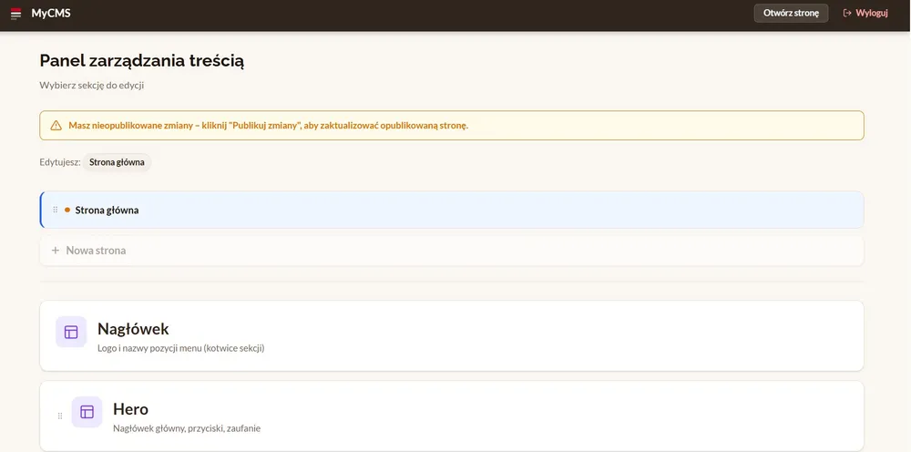 Zrzut ekranu panelu MyCMS
